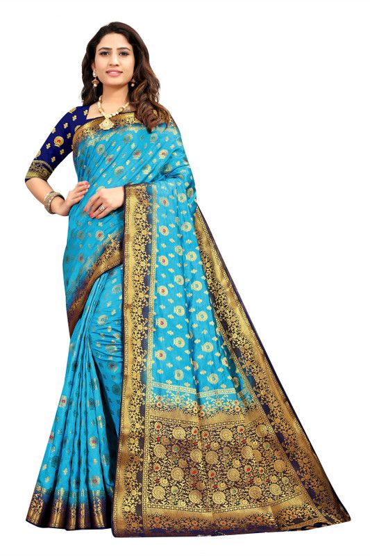 Woven Kanjivaram Jacquard Saree  (Dark Blue, Light Blue)