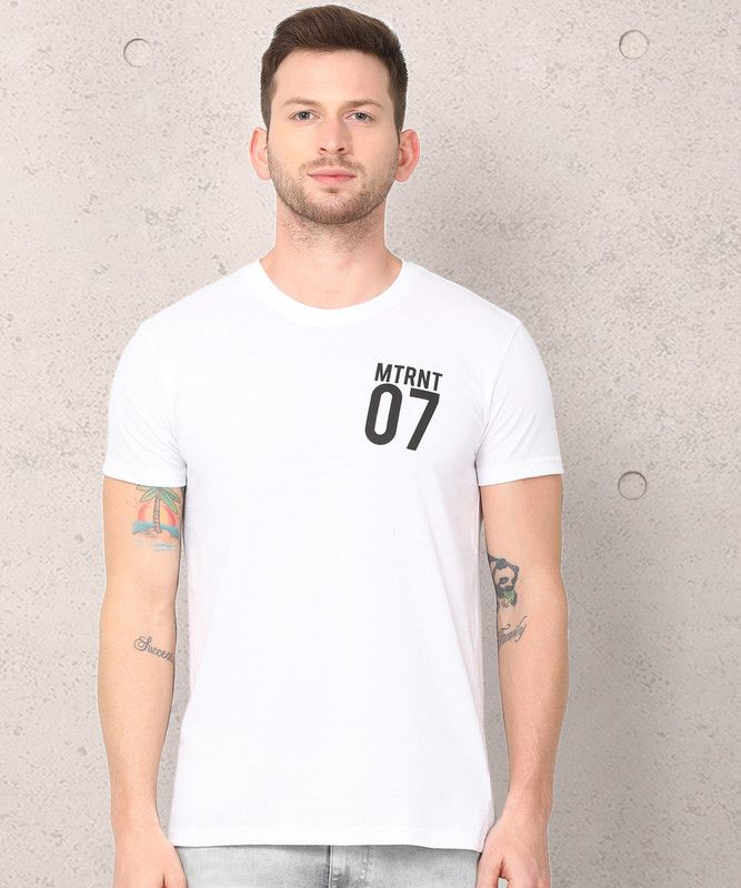 Printed Men Round Neck Poly Cotton White T-Shirt