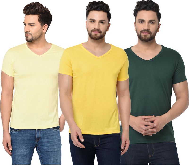 Pack of 3 V neck Combo T-shirts Multicolor Men Solid V Neck Cotton Blend Dark Green, Yellow T-Shirt