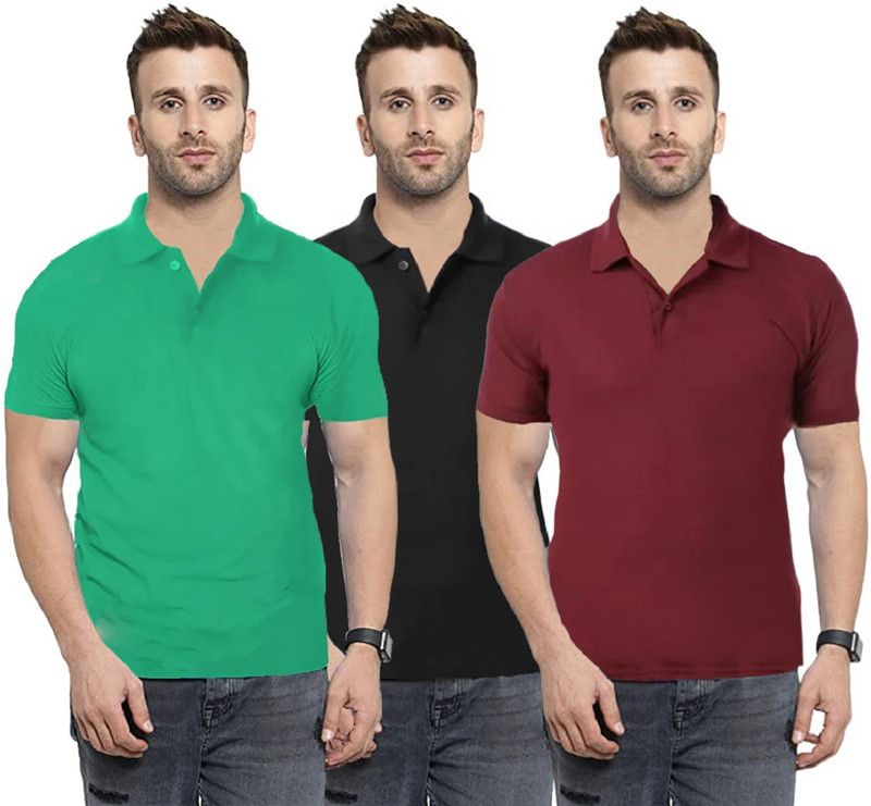 Pack of 3 Men Solid Polo Neck Reversible Cotton Blend Green, Maroon, Black T-Shirt
