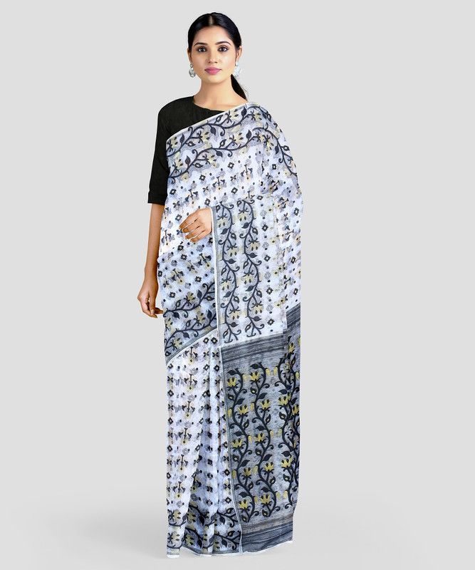 Woven Jamdani Cotton Silk Saree  (White, Black)