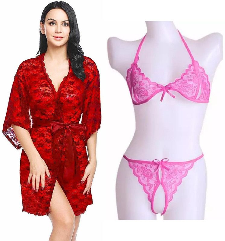Women Robe and Lingerie Set  (Red, Pink)
