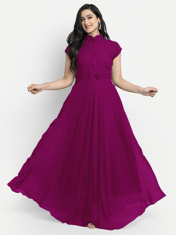 Solid Georgette, Crepe Stitched Anarkali Gown  (Purple)