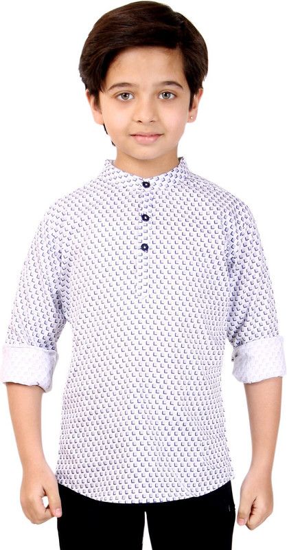Boys Printed Pure Cotton Straight Kurta  (White)
