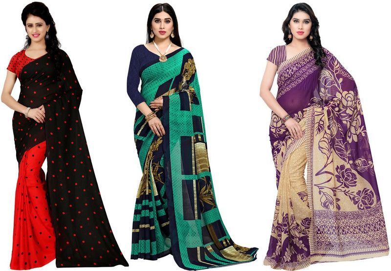 Printed, Graphic Print, Polka Print Daily Wear Georgette Saree  (Pack of 3, Purple, Red, Green, Black, Beige)