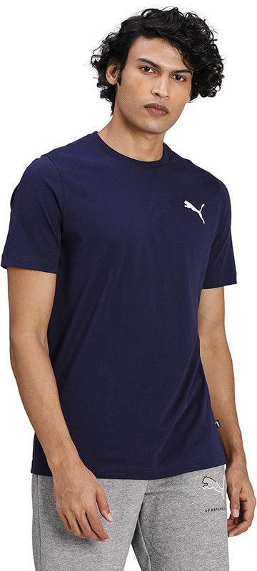 ESS Small Logo Tee Men Solid Round Neck Cotton Blend Dark Blue T-Shirt