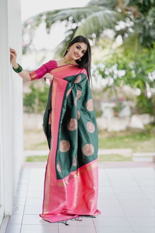 Woven Banarasi Cotton Silk, Jacquard Saree  (Green)