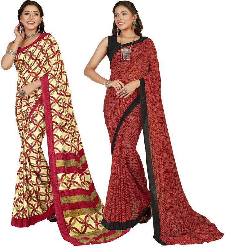 Paisley, Striped, Floral Print, Ombre, Printed Daily Wear Georgette Saree  (Pack of 2, Red, Beige, Multicolor)
