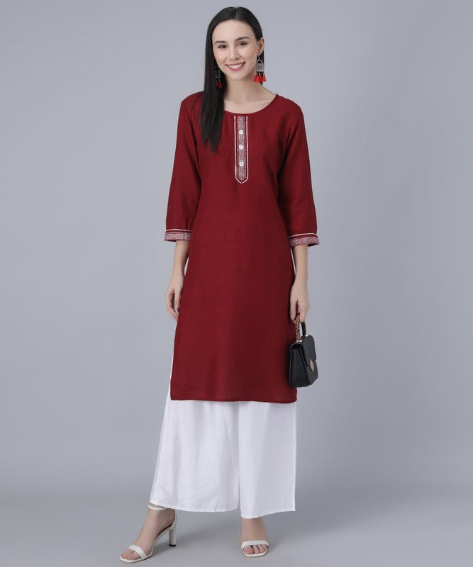 Women Printed, Solid Viscose Rayon Straight Kurta  (Maroon)