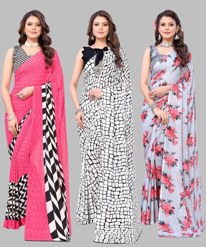 Printed Daily Wear Georgette Saree  (Pack of 3, Pink, Black, Grey)