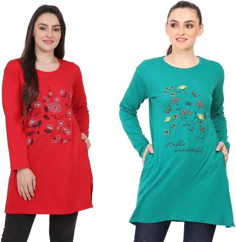 Pack of 2 Women Floral Print Round Neck Cotton Blend Dark Green, Red T-Shirt