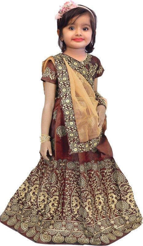 Indi Girls Lehenga Choli Ethnic Wear Embroidered Lehenga, Choli and Dupatta Set  (Brown, Pack of 1)