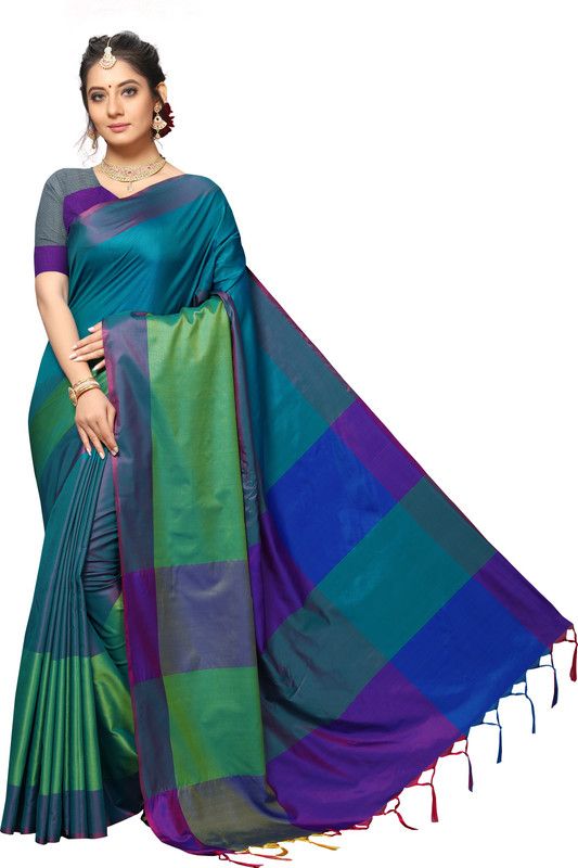 Checkered Handloom Silk Blend Saree  (Blue)
