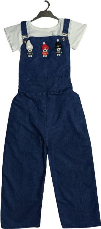 Dungaree For Girls Casual Applique Cotton Blend  (Blue, Pack of 1)