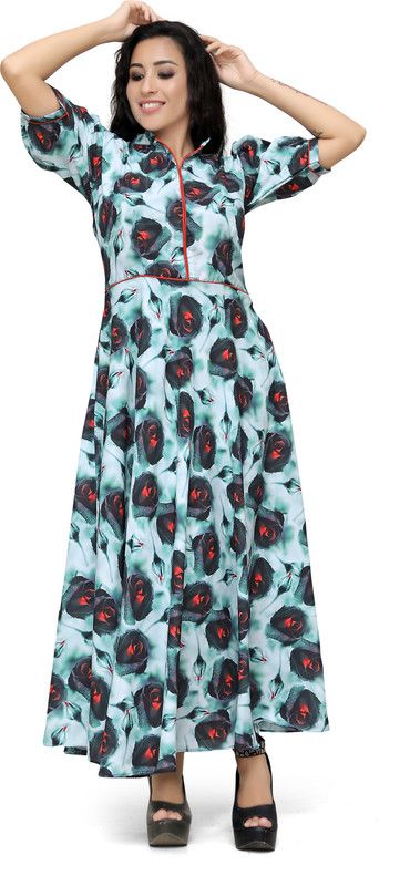 Women Floral Print Polyester Ethnic Dress  (Blue)