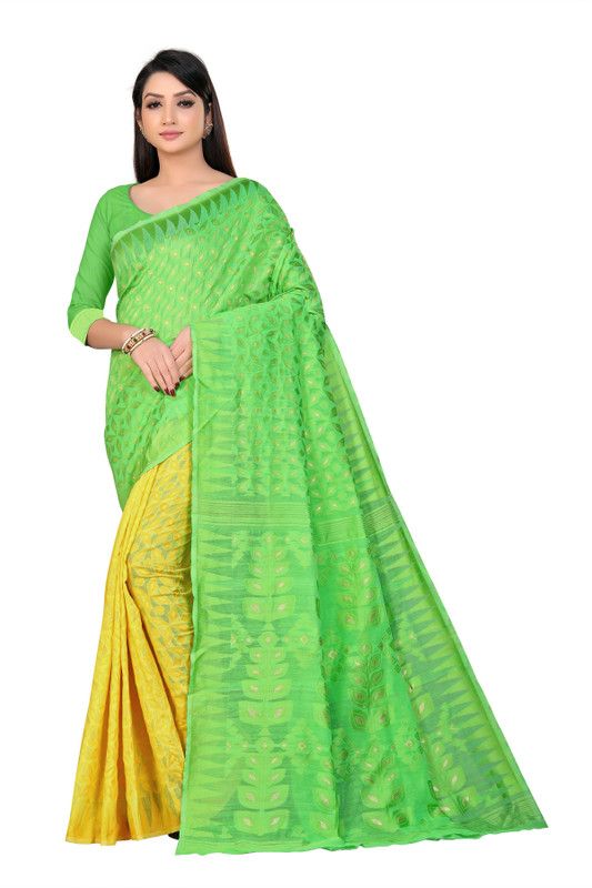 Chanderi Pure Cotton Saree  (Yellow, Light Green)
