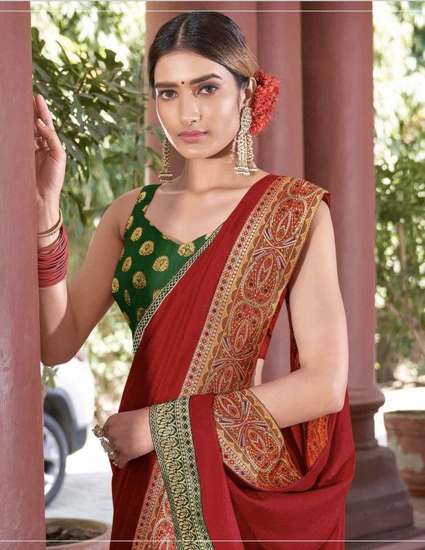 Self Design Bollywood Satin Saree  (Red)