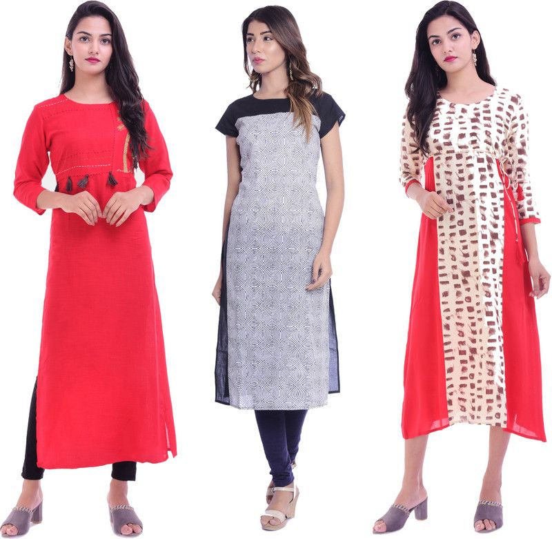 Pack of 3 Women Printed, Solid Cotton Blend, Cotton Rayon Straight Kurta  (Multicolor)