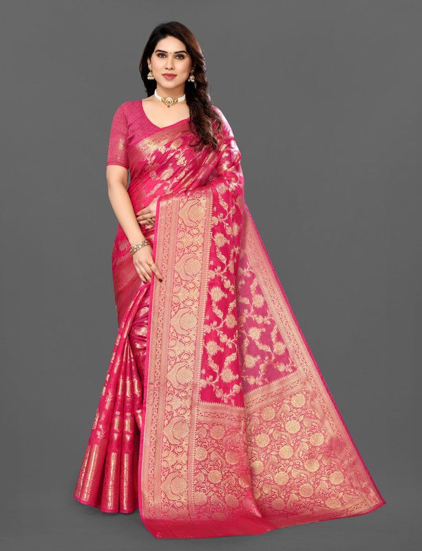 Woven Kanjivaram Organza, Pure Silk Saree  (Pink)