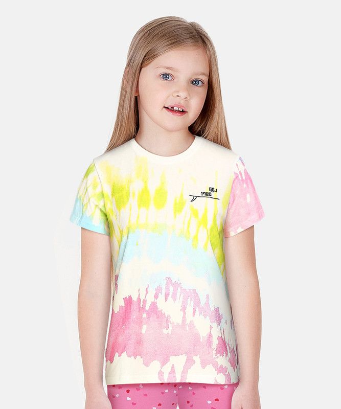 Boys Tie & Dye Cotton Blend T Shirt  (Beige, Pack of 1)