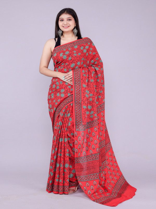 Printed Mundum Neriyathum Cotton Blend Saree  (Red)