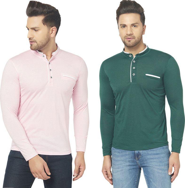 Pack of 2 Men Solid Henley Neck Cotton Blend Dark Green, Pink T-Shirt