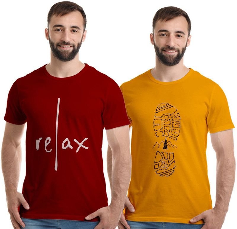 Pack of 2 Men Printed Round Neck Pure Cotton Gold, Maroon T-Shirt