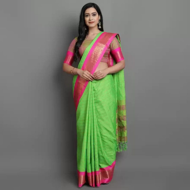 Temple Border, Striped, Woven, Embellished, Checkered Bollywood Pure Cotton Saree  (Green)