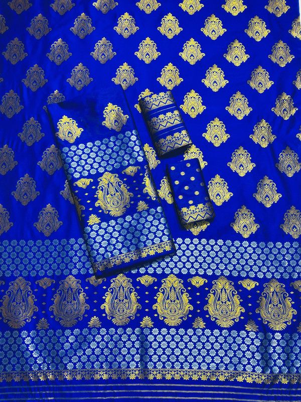 Mekhela Chador Silk Blend Saree  (Blue)