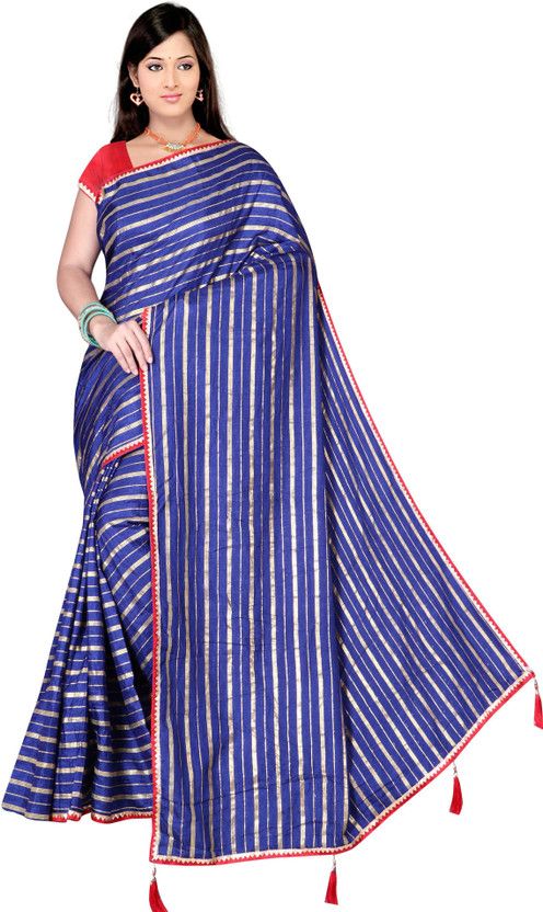 Striped Leheria Cotton Silk Saree  (Blue)