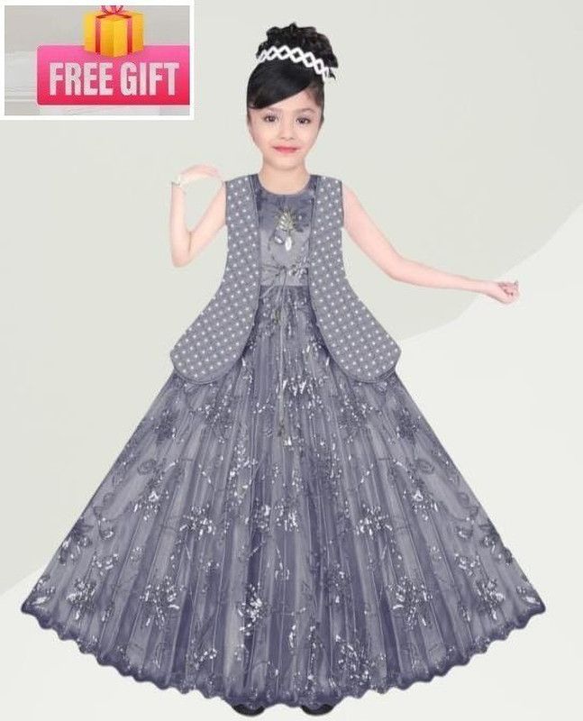 Self Design Net Stitched Flared/A-line Gown  (Grey)