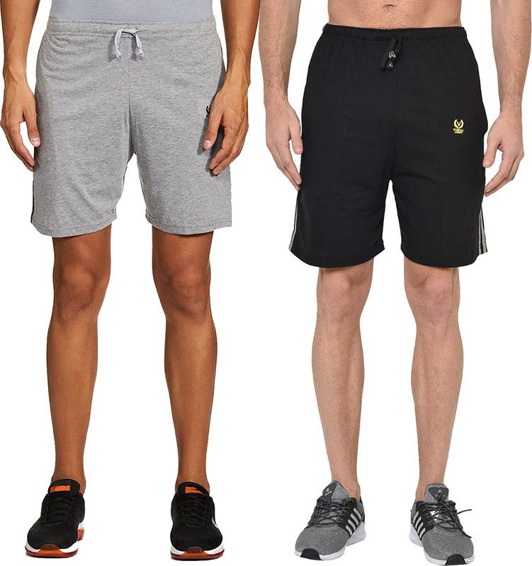 Pack of 2 Solid, Striped Men Black, Grey Regular Shorts