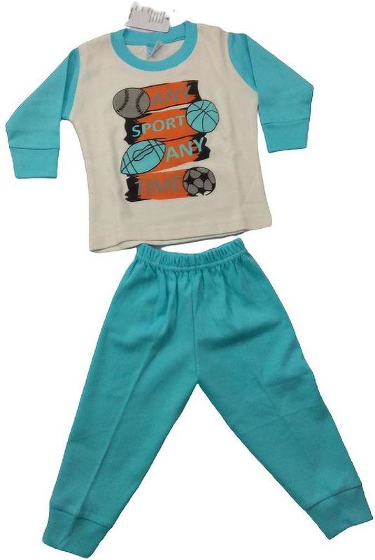 Baby Boys & Baby Girls Graphic Print Pure Cotton Kids Nightwear  (Blue Pack of 1)