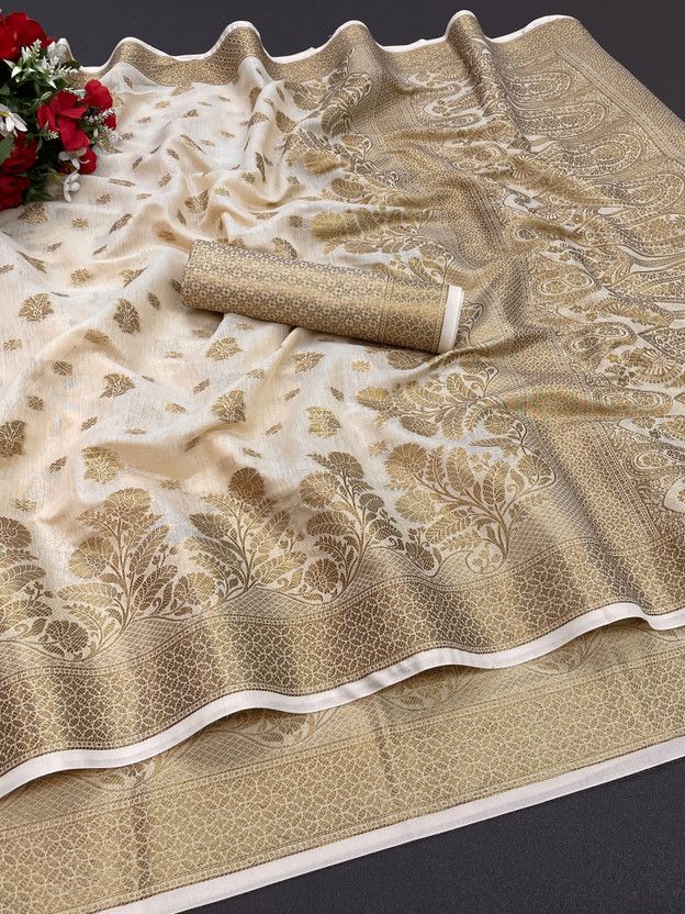 Woven Bollywood Jacquard, Chiffon Saree  (Cream)