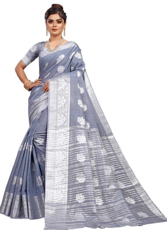 Self Design, Printed, Temple Border, Woven, Floral Print, Solid/Plain Bollywood Cotton Linen, Linen Saree  (Grey)