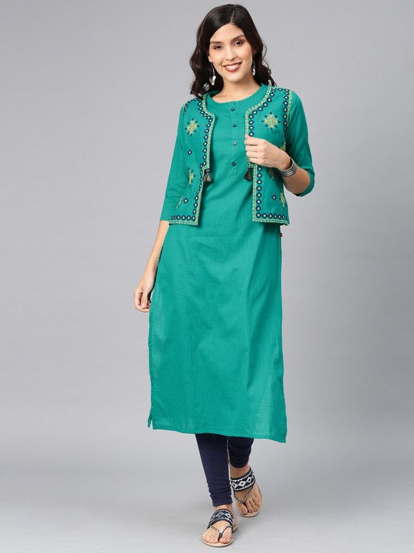 Women Self Design, Embroidered Cotton Blend Straight Kurta  (Green)