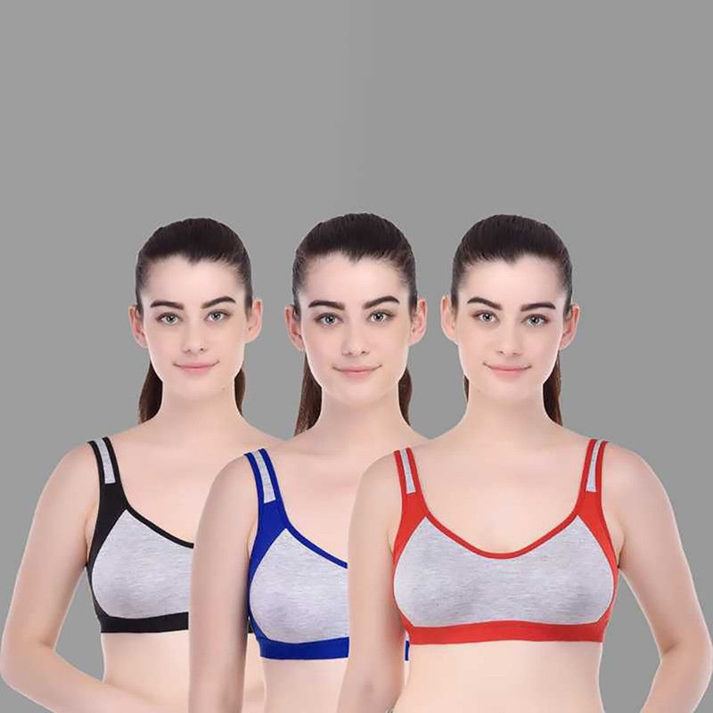 Pack of 3 Girls Sports Non Padded Bra  (Black, Red, Blue)