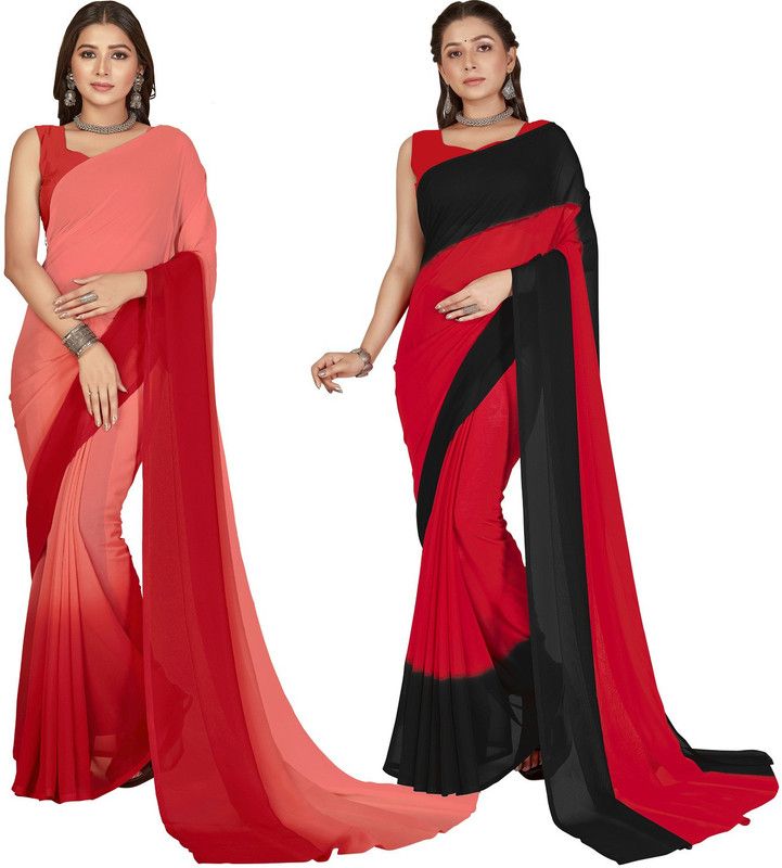 Bollywood Georgette Saree  (Pack of 2, Red, Pink, Black)