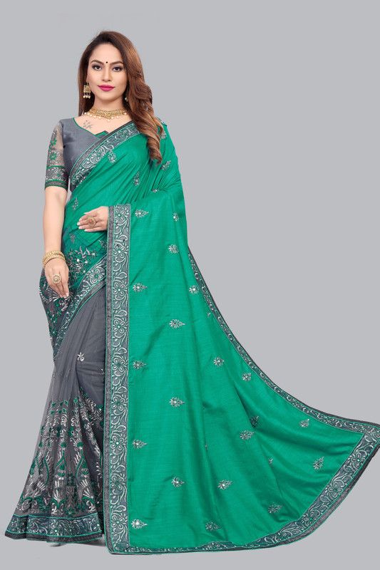 Embroidered Banarasi Silk Blend Saree  (Light Green)