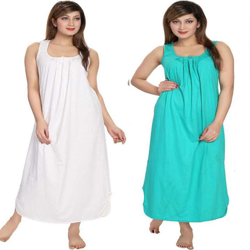Women Night Dress  (White, Green)