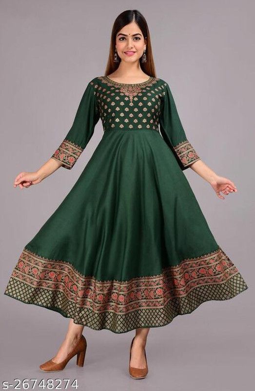 Women Printed Viscose Rayon Flared Kurta  (Green)