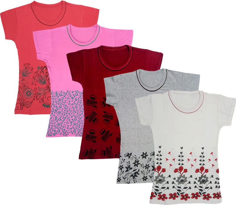 Girls Printed Cotton Blend T Shirt  (Multicolor, Pack of 5)