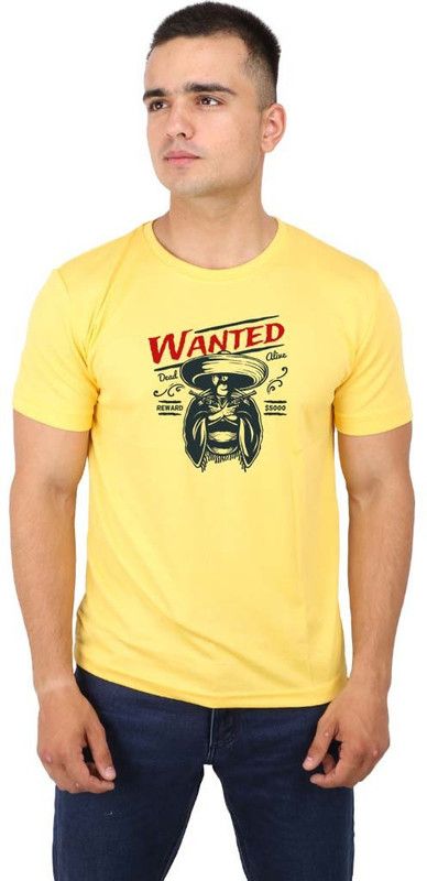 Men Printed Round Neck Polyester Yellow T-Shirt