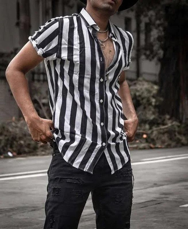 Men Regular, Super Slim Fit Striped Ribbed Collar Casual Shirt