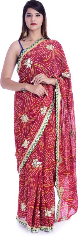 Embroidered, Dyed Bandhani Crepe Saree  (Red)