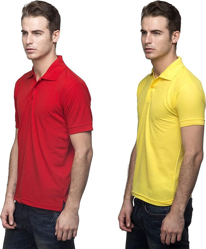 Pack of 2 Men Solid Polo Neck Cotton Blend Red, Yellow T-Shirt