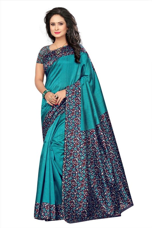 Floral Print Mysore Art Silk Saree  (Blue)