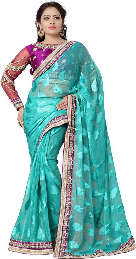 Embroidered Bollywood Cotton Blend Saree  (Green)