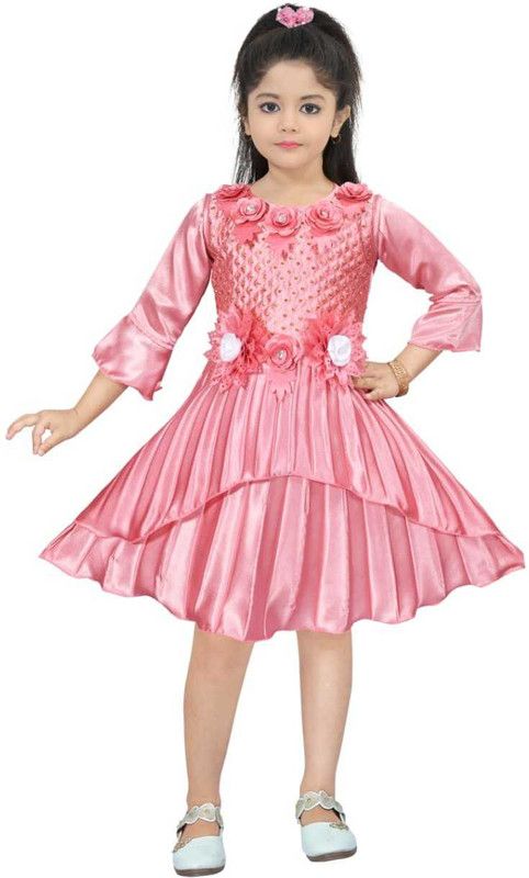 Girls Midi/Knee Length Party Dress  (Pink, 3/4 Sleeve)