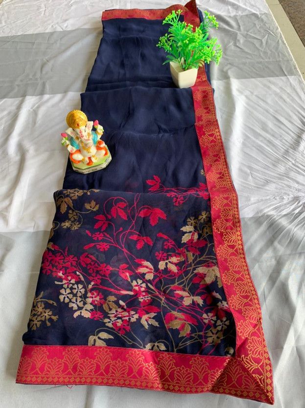 Printed, Self Design, Geometric Print, Graphic Print, Floral Print, Polka Print, Solid/Plain Bollywood Georgette, Chiffon Saree  (Blue, Pink)